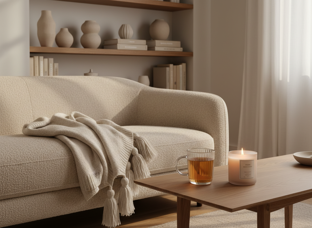 A meticulously curated cozy living room vignette in photographic realism, featuring a low-profile oatmeal-colored boucle sofa with rounded arms and a chunky knit cream throw draped over one corner. A ribbed glass mug of herbal tea rests on a slim, matte oak coffee table beside a softly flickering soy candle in a frosted glass jar. In the background, built-in shelves display neutral-toned ceramic vases and linen-bound books. Soft late-afternoon natural light filters through sheer white curtains, casting gentle, elongated shadows and a warm glow across the room. Shot at eye level with a shallow depth of field, the composition follows the rule of thirds, creating a calm, sophisticated, and inviting atmosphere that celebrates understated cozy luxury.