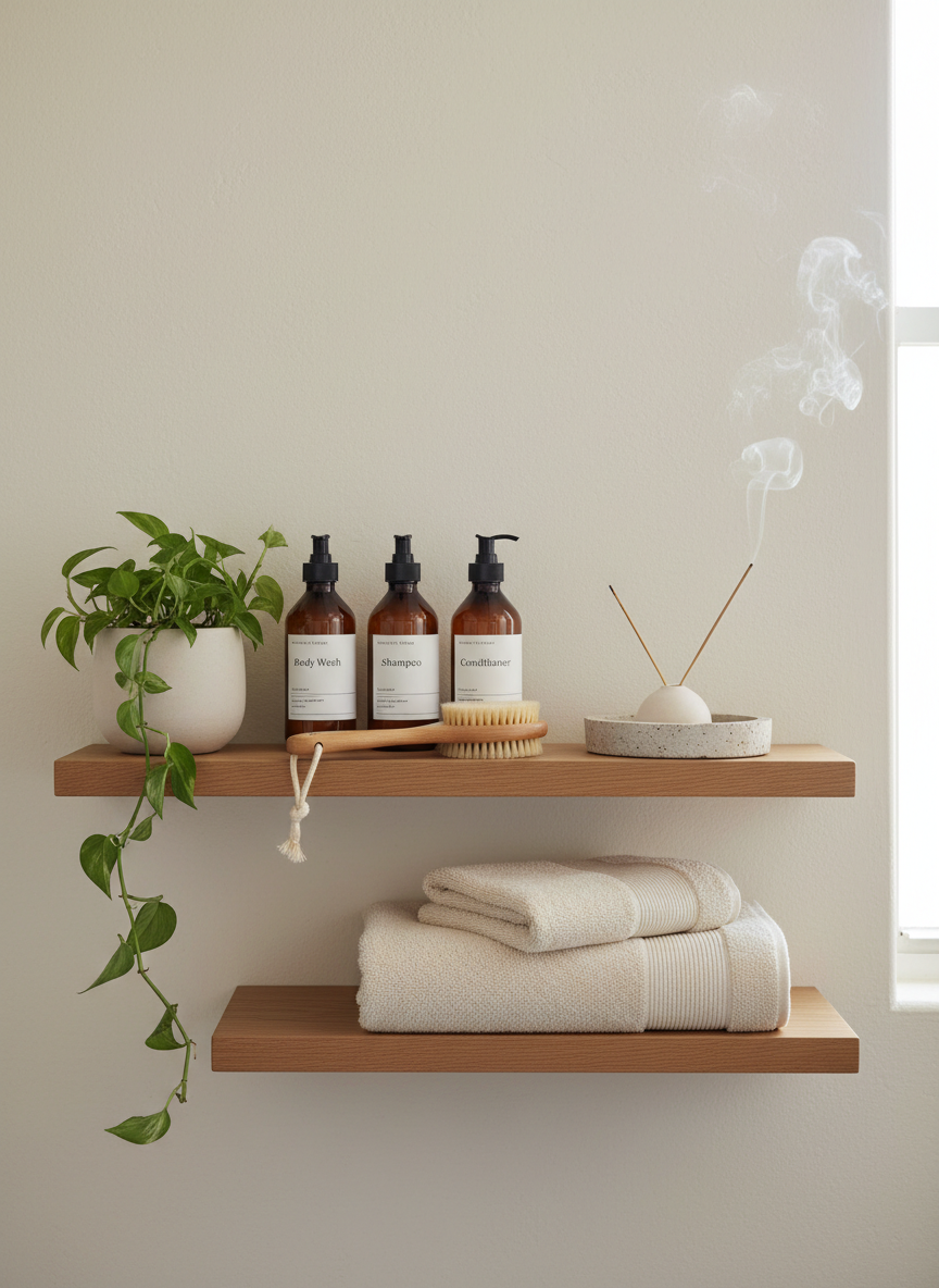 A refined bathroom self-care shelf styled in photographic realism, featuring a floating natural oak ledge against a smooth, warm white plaster wall. On the shelf sit neatly arranged amber glass bottles with minimalist labels, a natural bristle body brush with a cotton loop, stacked plush ivory towels with subtle ribbing, and a small stone tray holding a ceramic incense holder with a trailing wisp of smoke. To one side, a single trailing green plant in a matte porcelain pot introduces a soft organic element. Diffused daylight from an unseen nearby window washes the scene in gentle, even light, creating soft, almost imperceptible shadows. Captured at eye level with sharp focus and a slightly off-center composition, the mood is spa-like, elevated, and quietly luxurious, embodying sophisticated everyday coziness.