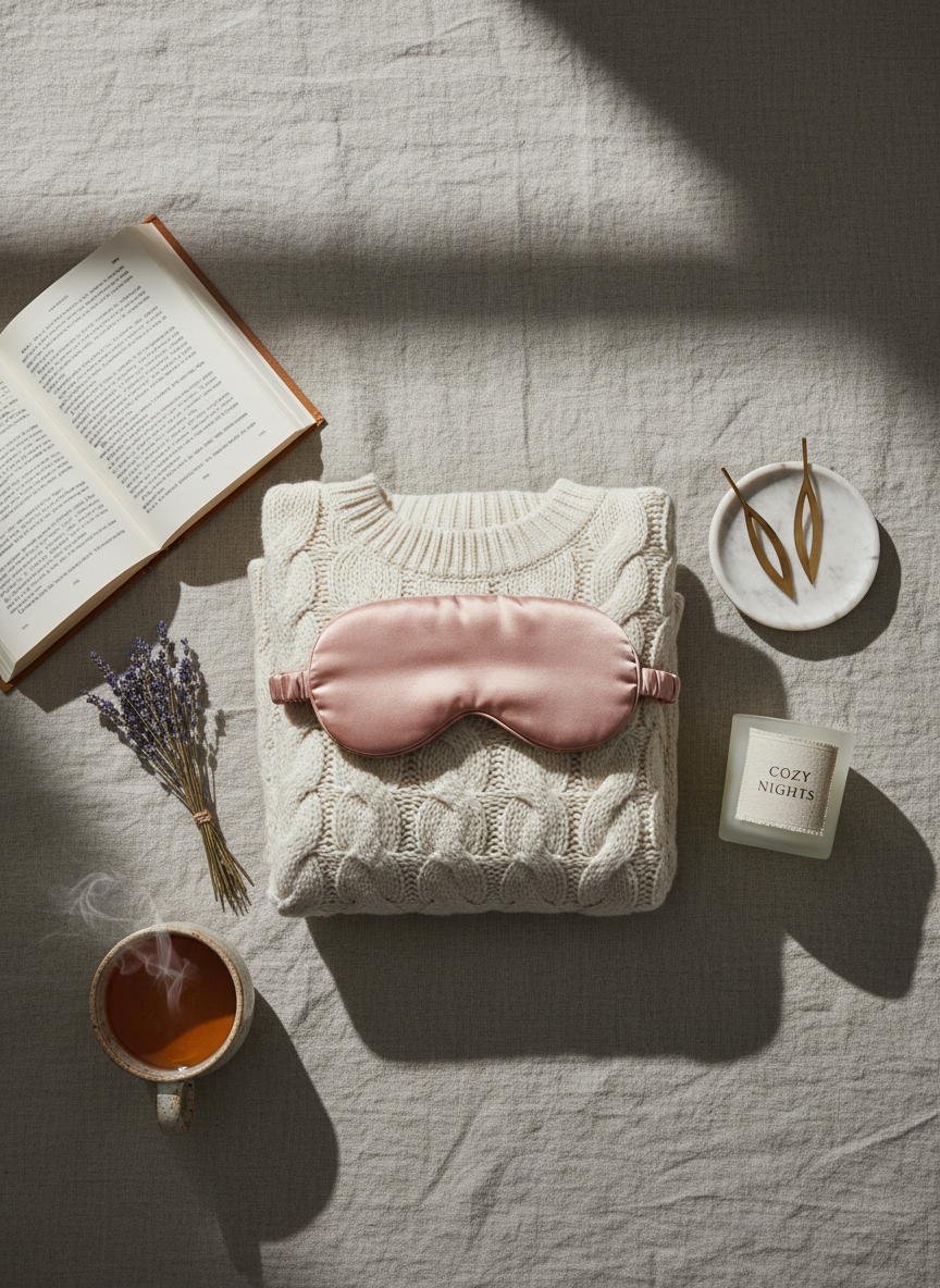 An elegant flat lay of curated cozy home and self-care essentials on a textured linen backdrop in warm greige, captured in photographic realism. At the center, a folded, thick cable-knit sweater in soft heathered oat is paired with a silk sleep mask in muted blush, a small marble dish holding minimalist gold-toned bookmarks, and a frosted glass candle with a linen label. Nearby, an open hardcover book with cream pages, a stoneware mug of tea with a subtle speckled glaze, and a small bundle of dried lavender add layers of texture. Soft, indirect natural window light from the top of the frame creates gentle shadows and a serene, museum-like quality. Shot from a true overhead bird’s-eye view, the composition is thoughtfully balanced, refined, and soothingly cozy.