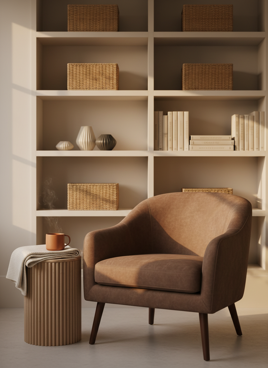 A carefully composed cozy reading nook in a minimalist, sophisticated style, captured in photographic realism. A deep, mushroom-colored velvet armchair with curved back and dark walnut legs anchors the scene, positioned beside a narrow fluted-wood side table topped with a neatly folded wool throw and a single ceramic mug of chai. Behind the chair, tall built-in shelving in warm white holds woven baskets, ribbed ceramic vessels, and a few monochrome book spines. Golden hour sunlight streams in from an unseen window to the left, grazing the velvet and creating delicate highlights and soft shadow gradients. Shot at a three-quarter angle with a shallow depth of field, the composition feels intimate and composed, with a calm, contemplative atmosphere perfect for quiet, cozy moments.